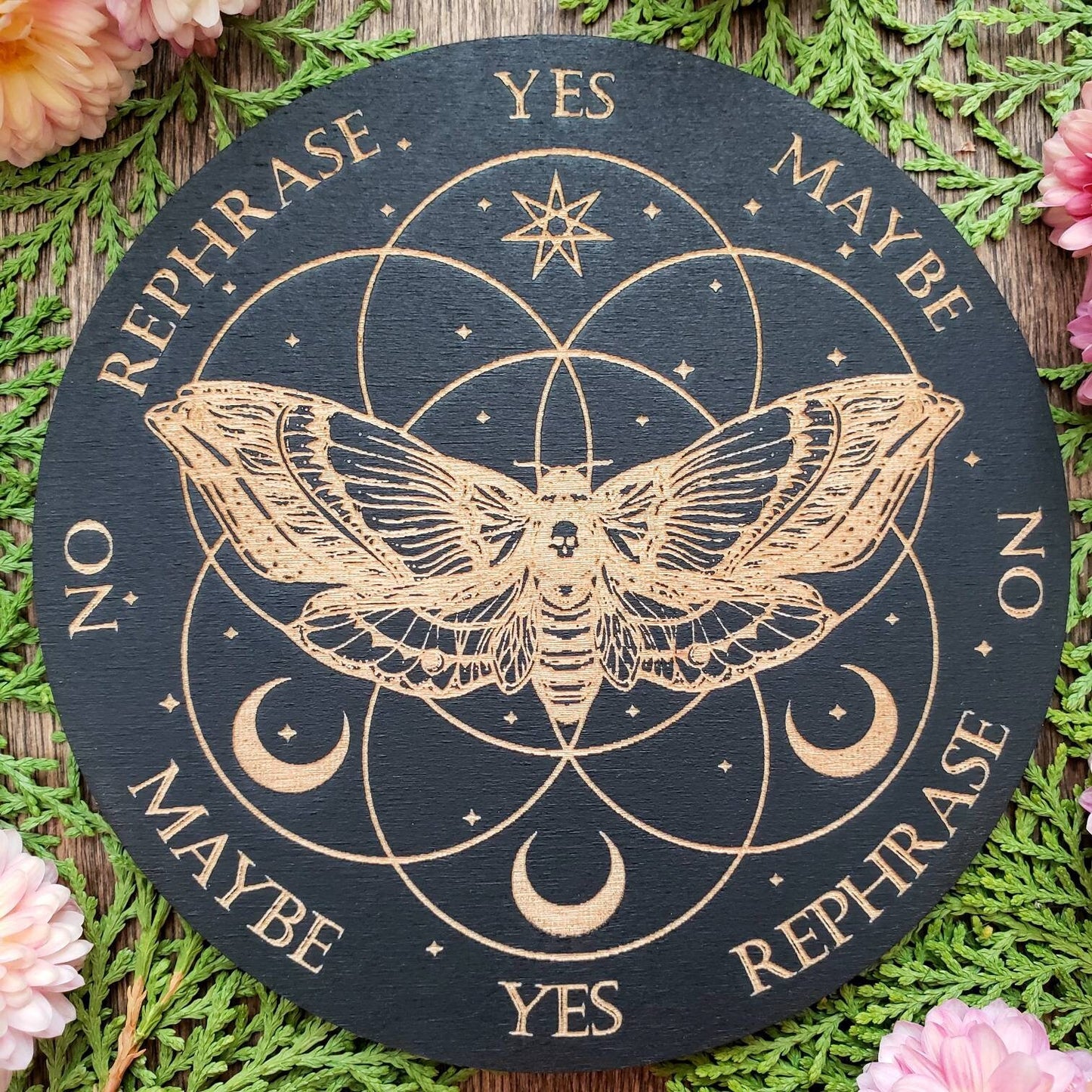 Moth wood pendulum board | Death's-head hawkmoth | Flower of Life | laser engraved | divination | altar tile | black | scrying | dowsing