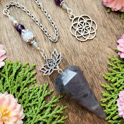 Iolite Pendulum | Sacred Geometry flower of Life | Seed of life | Om Lotus charm | Amethyst |  Labradorite | Blue Lace Agate