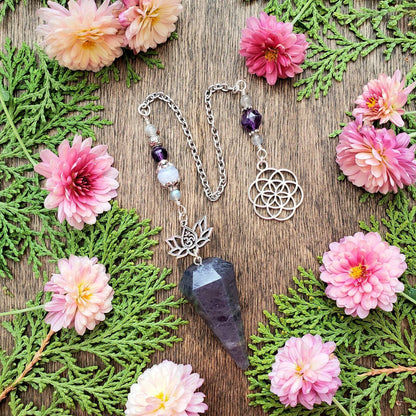 Iolite Pendulum | Sacred Geometry flower of Life | Seed of life | Om Lotus charm | Amethyst |  Labradorite | Blue Lace Agate