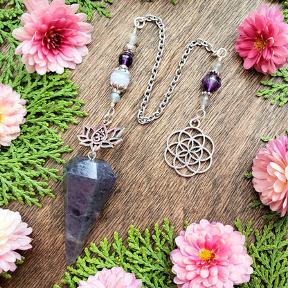 Iolite Pendulum | Sacred Geometry flower of Life | Seed of life | Om Lotus charm | Amethyst |  Labradorite | Blue Lace Agate