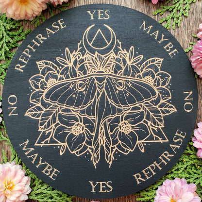 Luna Moth wood pendulum board | Moon Moth | Magnolia flowers | laser engraved | divination | altar tile | black |scrying | dowsing