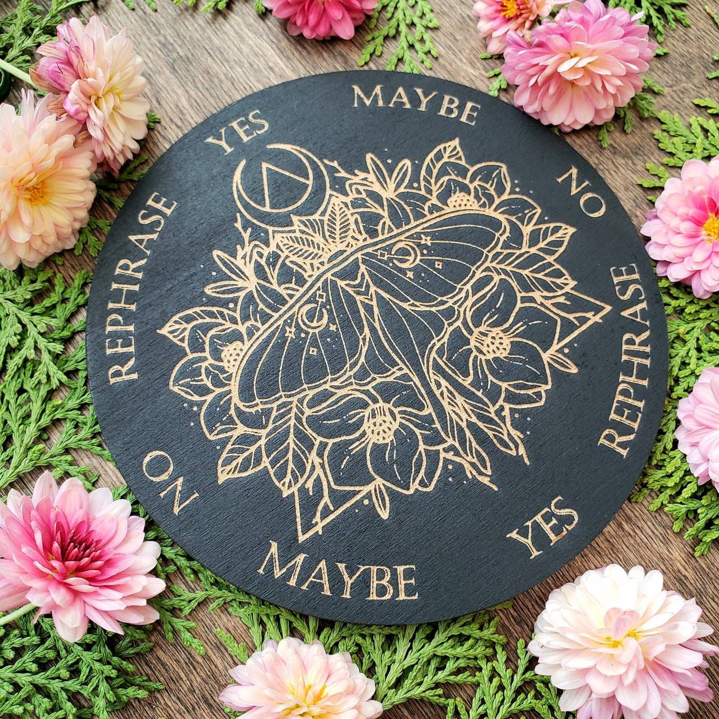 Luna Moth wood pendulum board | Moon Moth | Magnolia flowers | laser engraved | divination | altar tile | black |scrying | dowsing