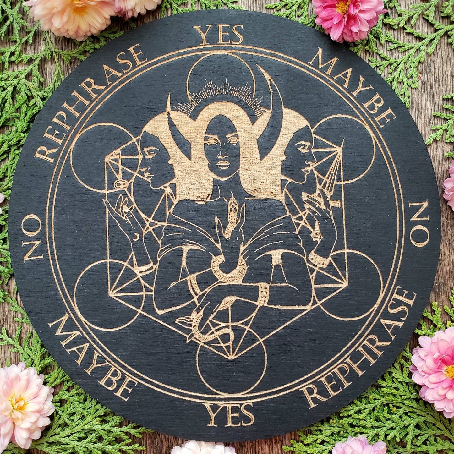 Goddess Hekate wood pendulum board | Metatron Grid | Triple Moon | laser engraved | divination | altar tile | scrying | divination | dowsing