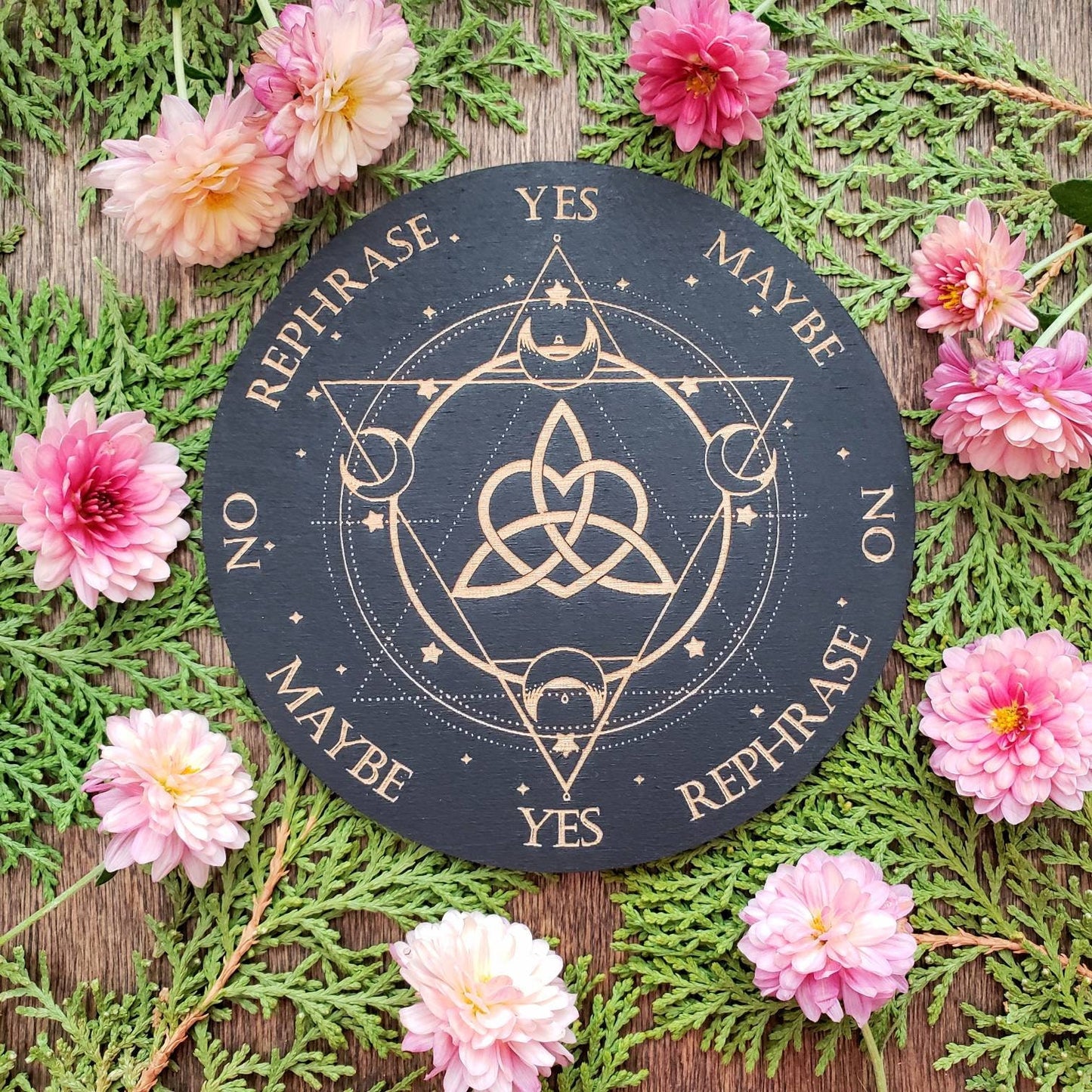 Triquetra & Moons pendulum board | wood laser engraved | divination | altar tile | black | Scrying | dowsing