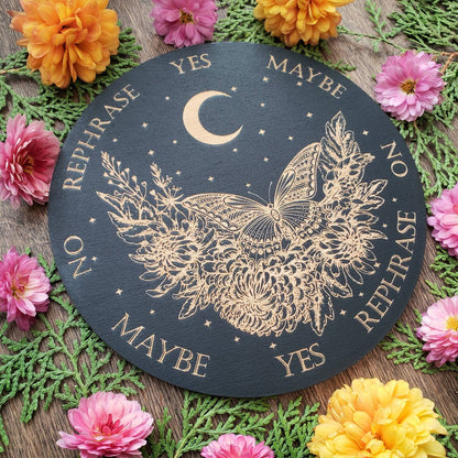 Butterfly Garden pendulum board | crescent moon | laser engraved | divination | altar tile | black | scying | dowsing