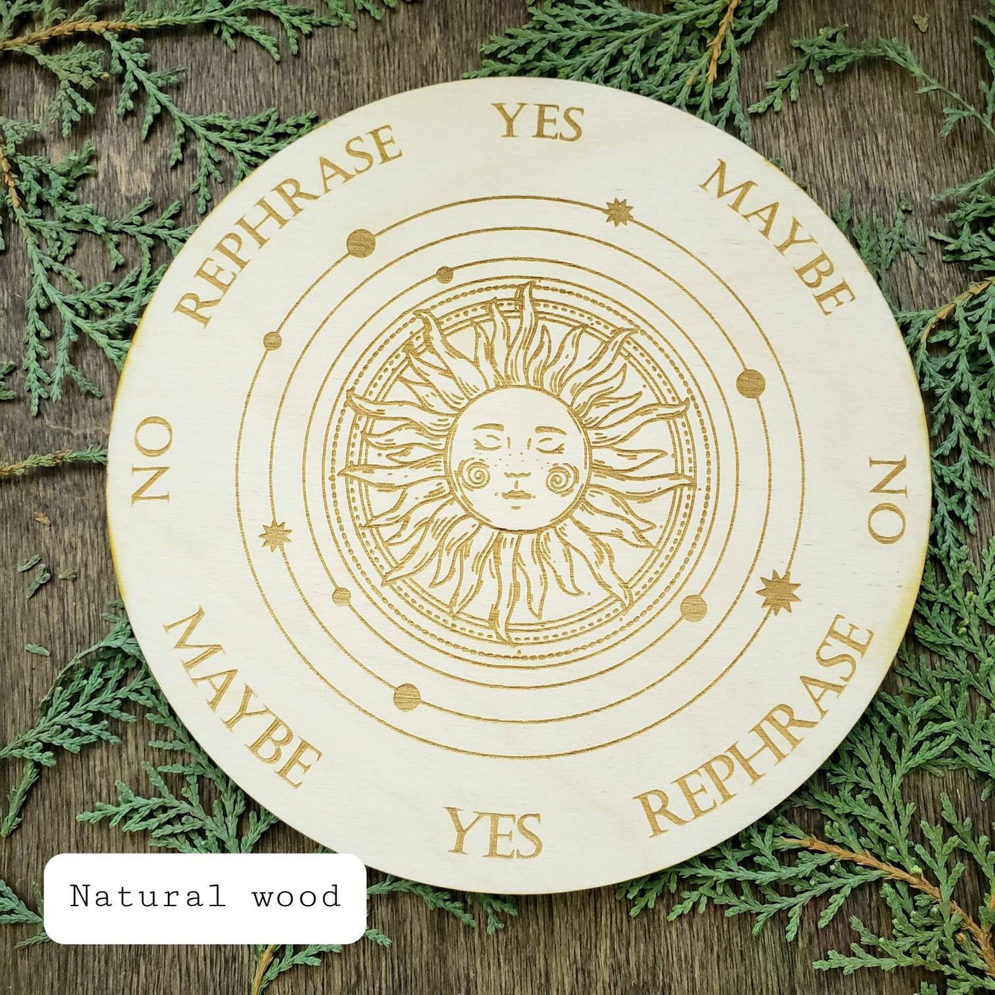 Sun wood pendulum board| Sol | laser engraved | altar tile | divination | black | Samhain | Halloween |