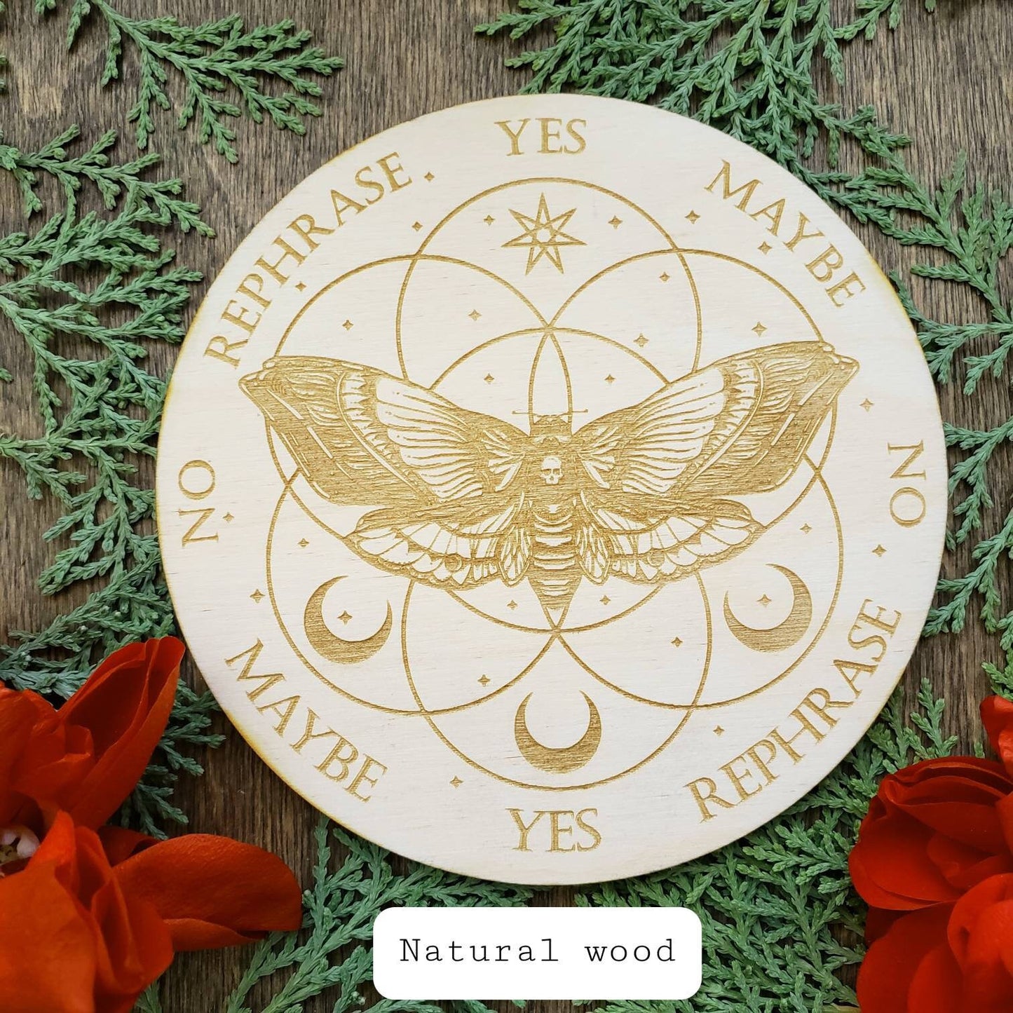 Moth wood pendulum board | Death's-head hawkmoth | Flower of Life | laser engraved | divination | altar tile | black | scrying | dowsing