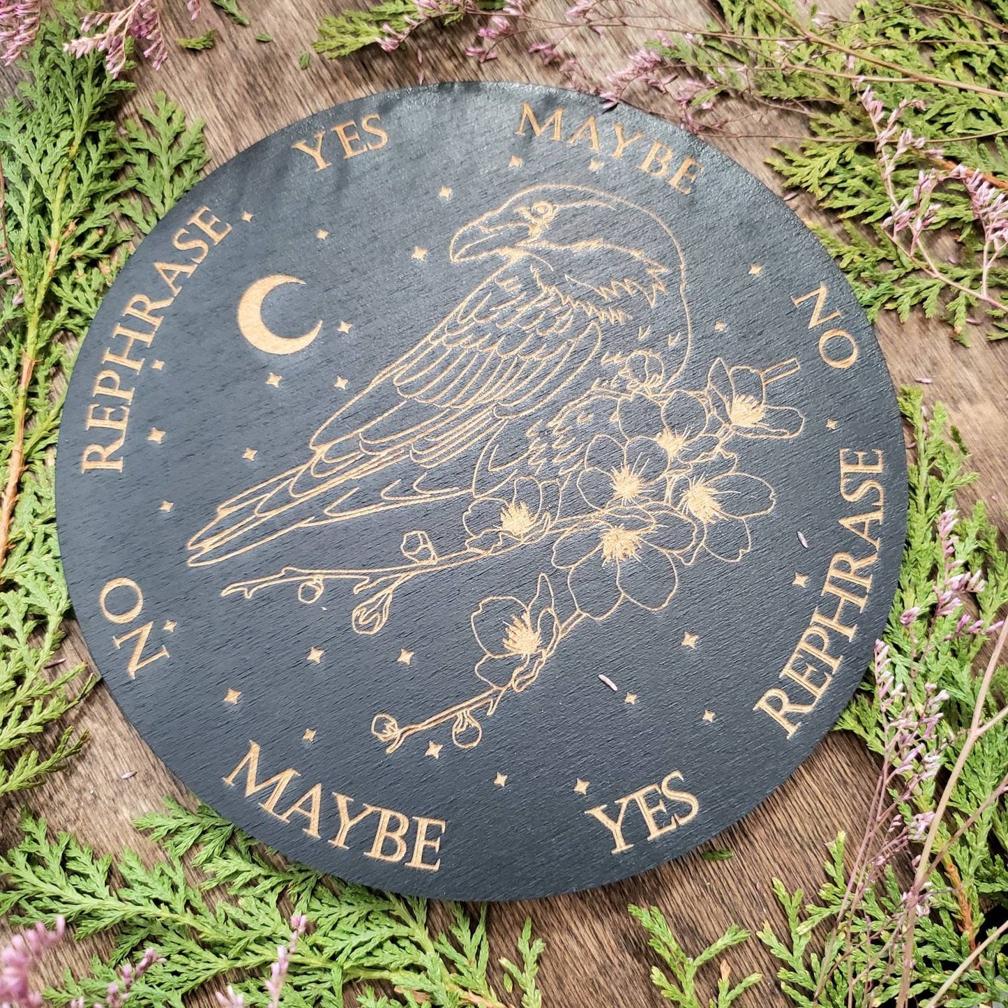 Raven Sakura wood pendulum board | Cherry blossom flowers | laser engraved | divination | altar tile | black |scrying | dowsing