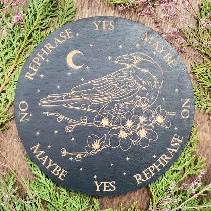 Raven Sakura wood pendulum board | Cherry blossom flowers | laser engraved | divination | altar tile | black |scrying | dowsing