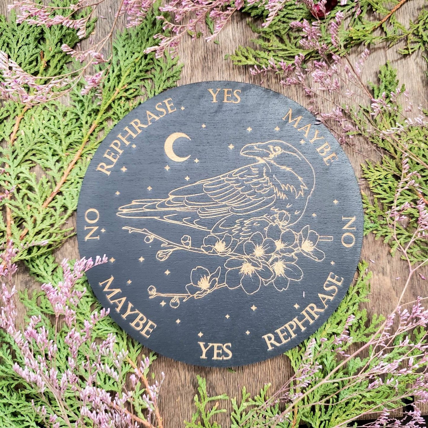 Raven Sakura wood pendulum board | Cherry blossom flowers | laser engraved | divination | altar tile | black |scrying | dowsing