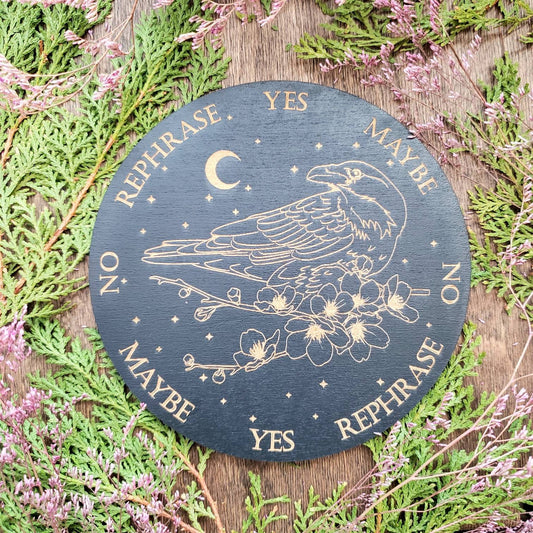 Raven Sakura wood pendulum board | Cherry blossom flowers | laser engraved | divination | altar tile | black |scrying | dowsing