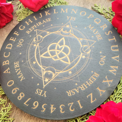 Triquetra & Moons pendulum board | Alphabet | numbers | alphanumeric | wood laser engraved | divination | altar tile | Scrying | dowsing