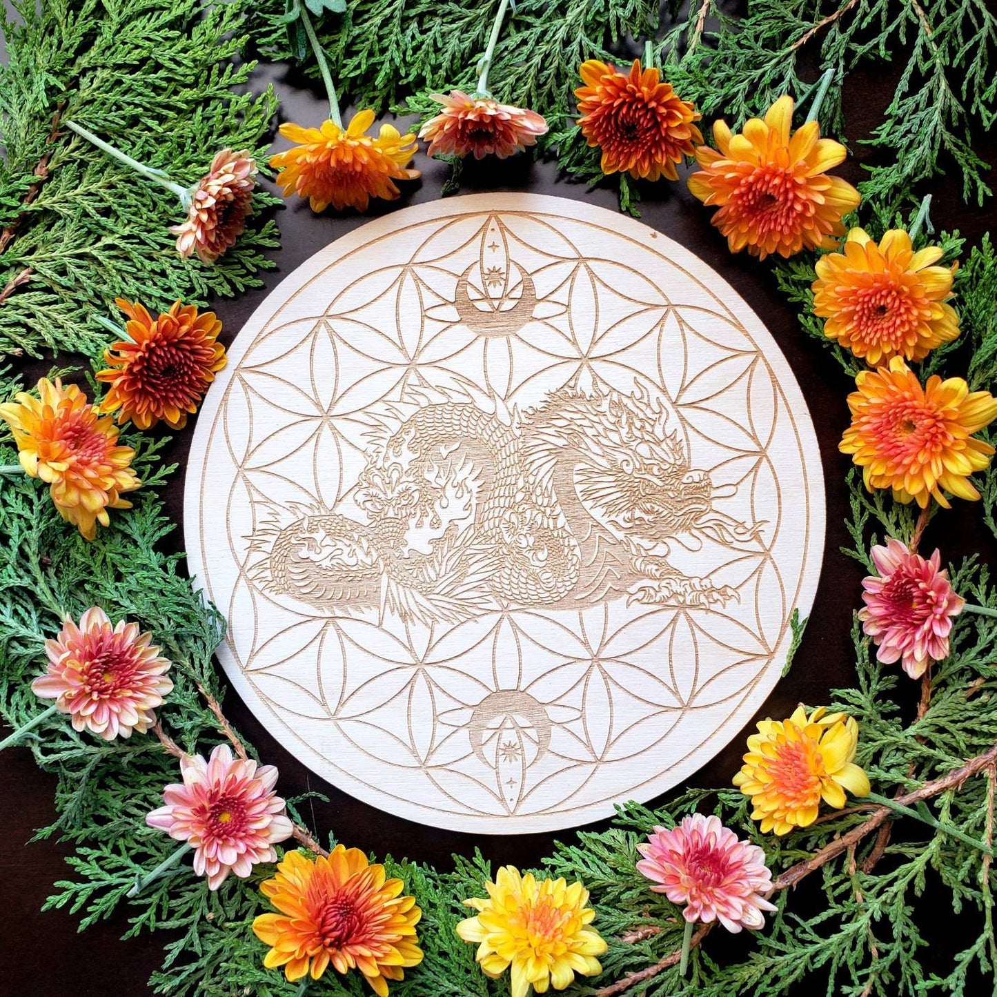 Dragon Seed of Life Crystal Grid | Year of the Dragon | laser engraved | divination | altar tile |