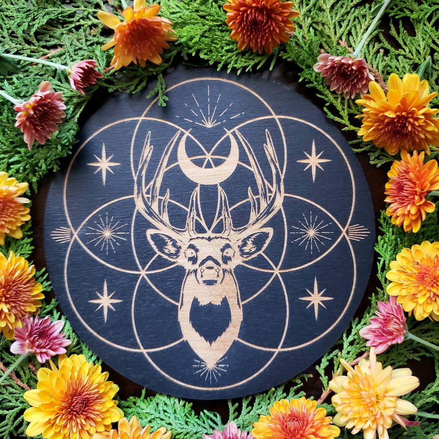 Deer Flower of Life Crystal Grid | laser engraved | divination | altar tile |