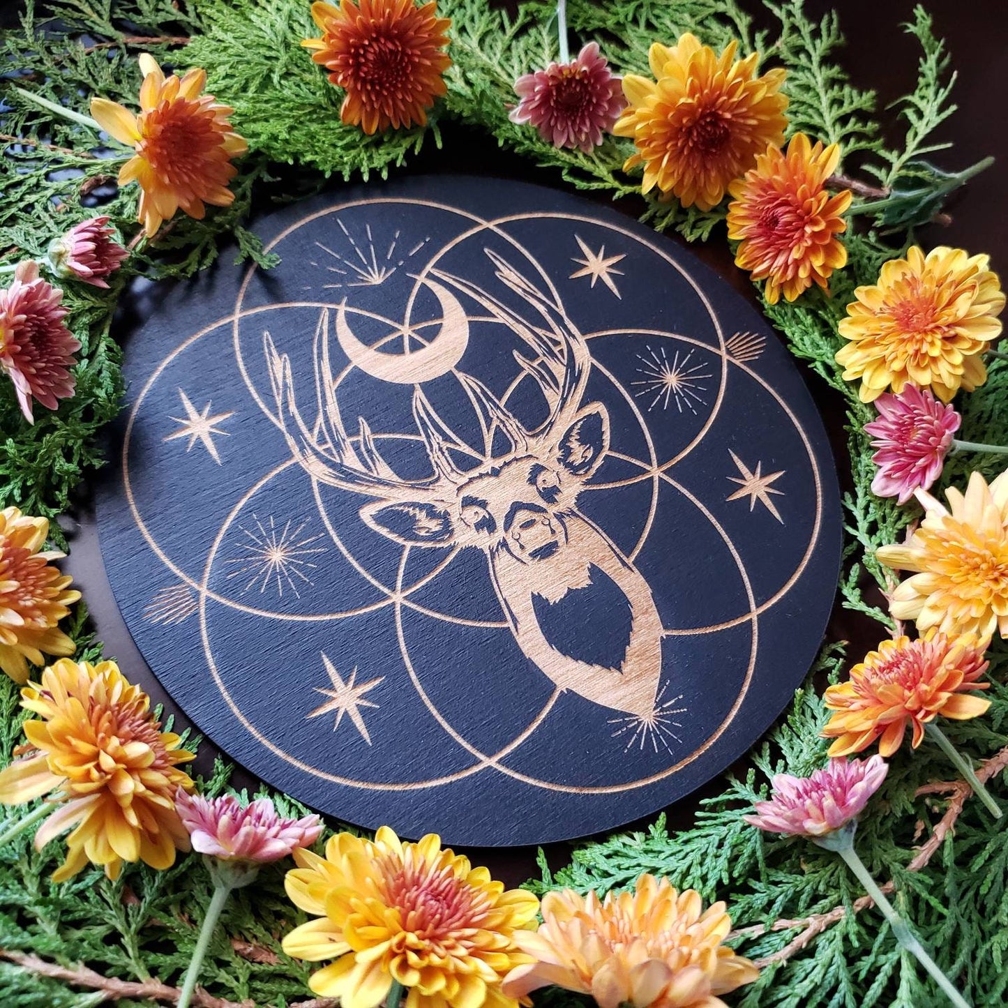 Deer Flower of Life Crystal Grid | laser engraved | divination | altar tile |