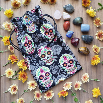 Witch's Tarot Bag | Sugar skull | witchcraft travel bag | draw string pouch | Oracle card tote | crystal sachet | bone casting | dice | rune