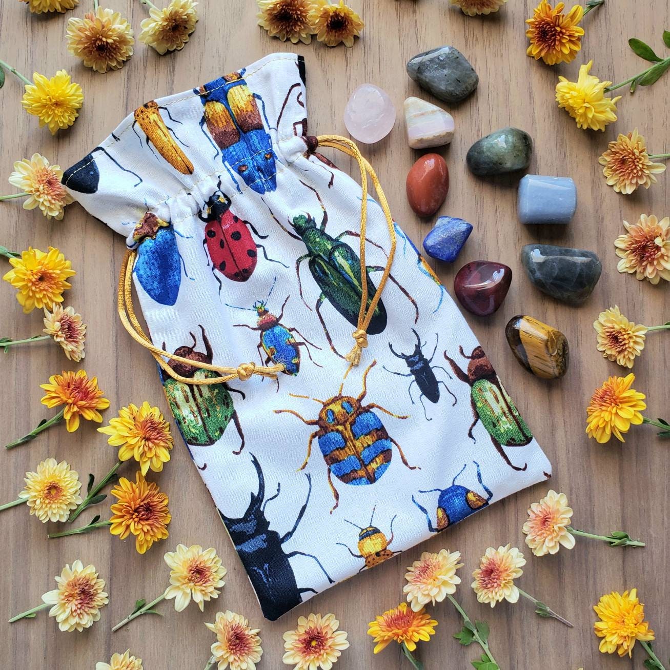 Bugs Tarot card Bag | Beetles, insects, scarabs  | witchcraft travel draw string pouch | Oracle card | sachet | bone casting | dice | rune