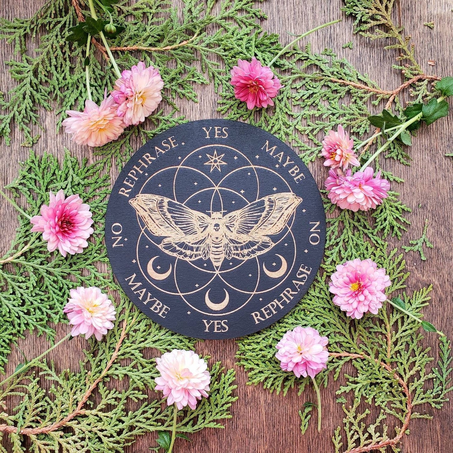 Moth wood pendulum board | Death's-head hawkmoth | Flower of Life | laser engraved | divination | altar tile | black | scrying | dowsing