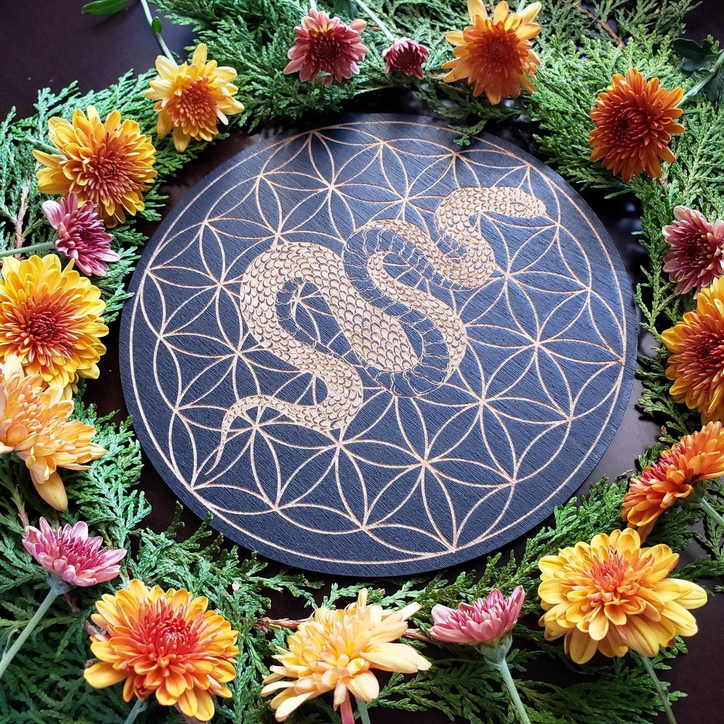 Snake Seed of Life Crystal Grid | laser engraved | divination | altar tile |