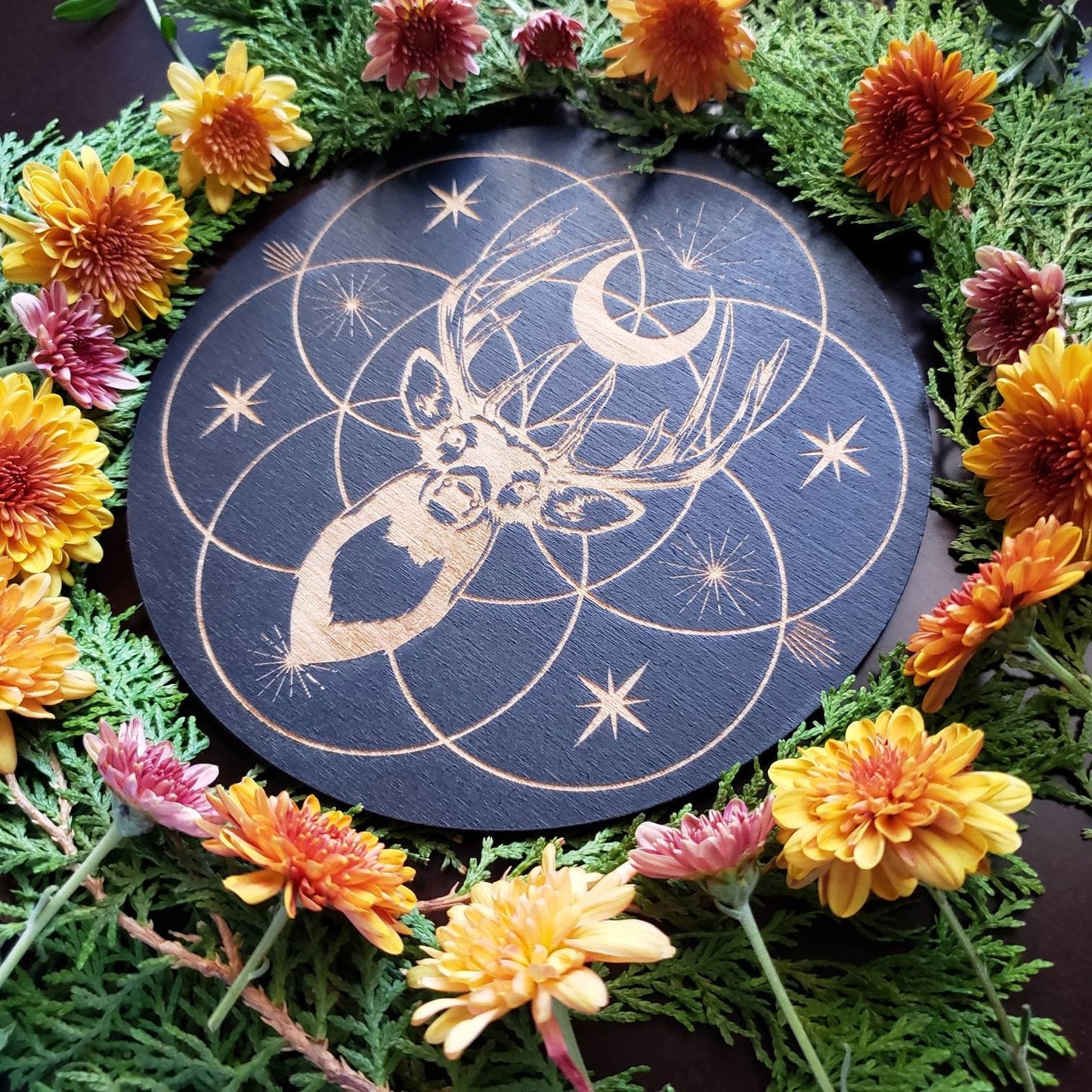 Deer Flower of Life Crystal Grid | laser engraved | divination | altar tile |