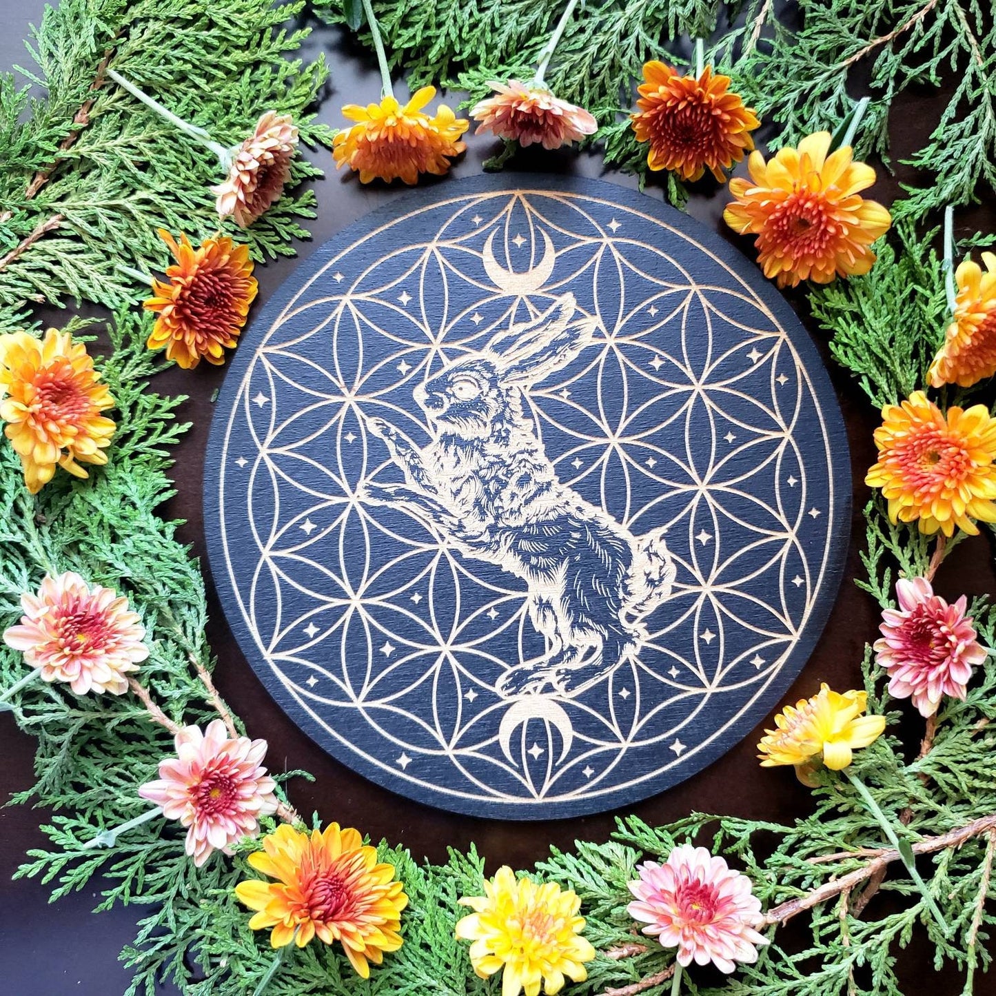 Bunny Rabbit Seed of Life Crystal Grid | Hare | laser engraved | divination | altar tile |