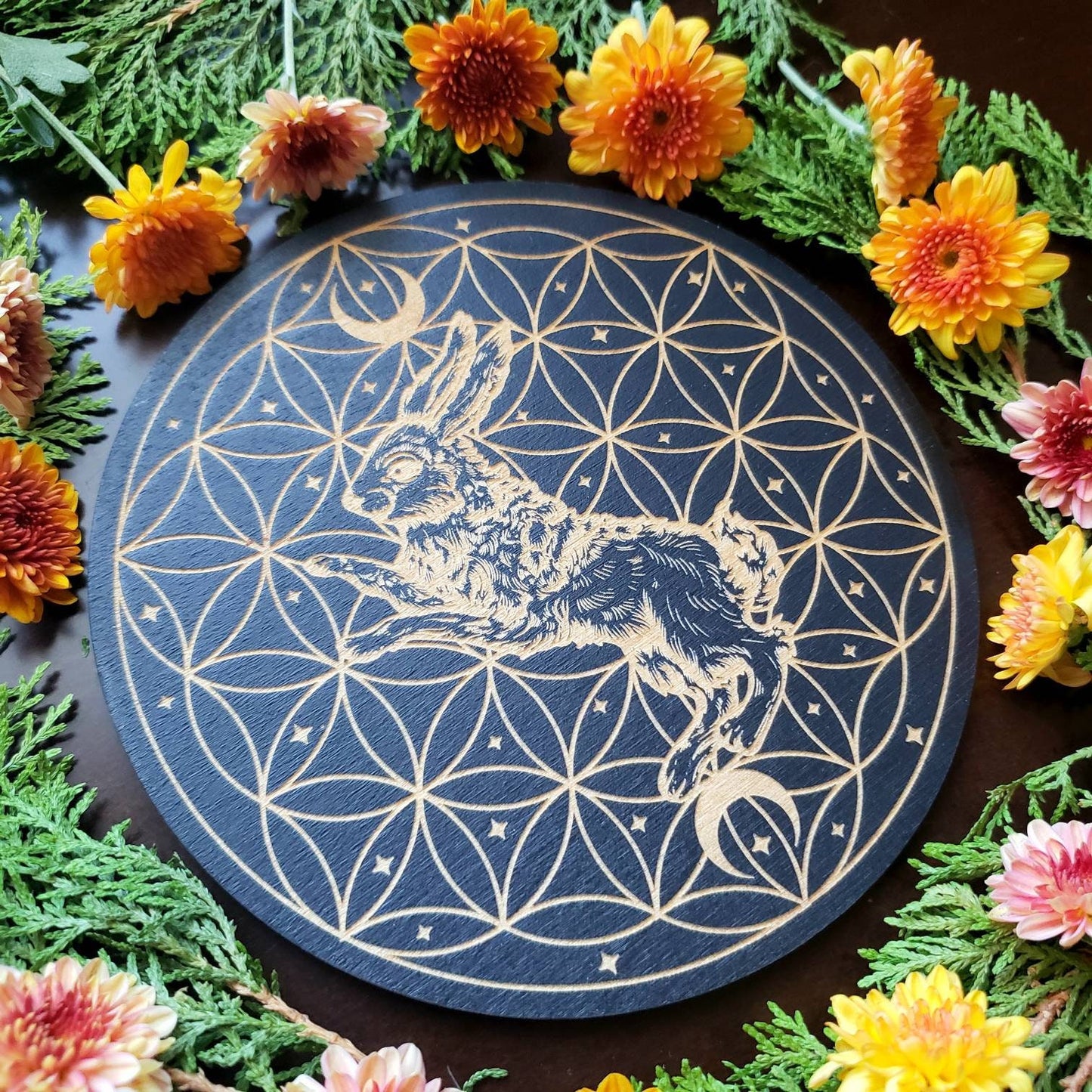 Bunny Rabbit Seed of Life Crystal Grid | Hare | laser engraved | divination | altar tile |