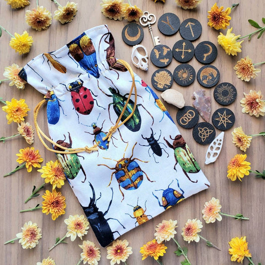 Bugs Tarot card Bag | Beetles, insects, scarabs  | witchcraft travel draw string pouch | Oracle card | sachet | bone casting | dice | rune