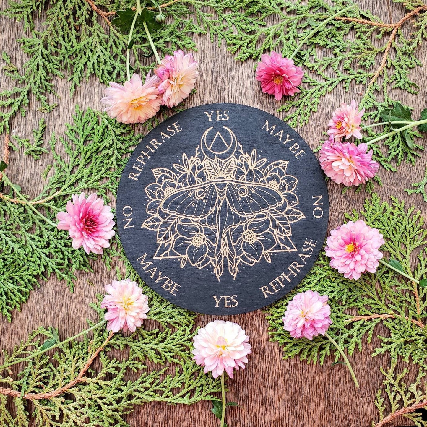 Luna Moth wood pendulum board | Moon Moth | Magnolia flowers | laser engraved | divination | altar tile | black |scrying | dowsing