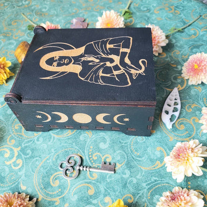 Hecate Witch Rune wood box| 13 Witch Runes | Hekate | black painted wood | laser cut | the eye | sun | wave | triquetra | crescent