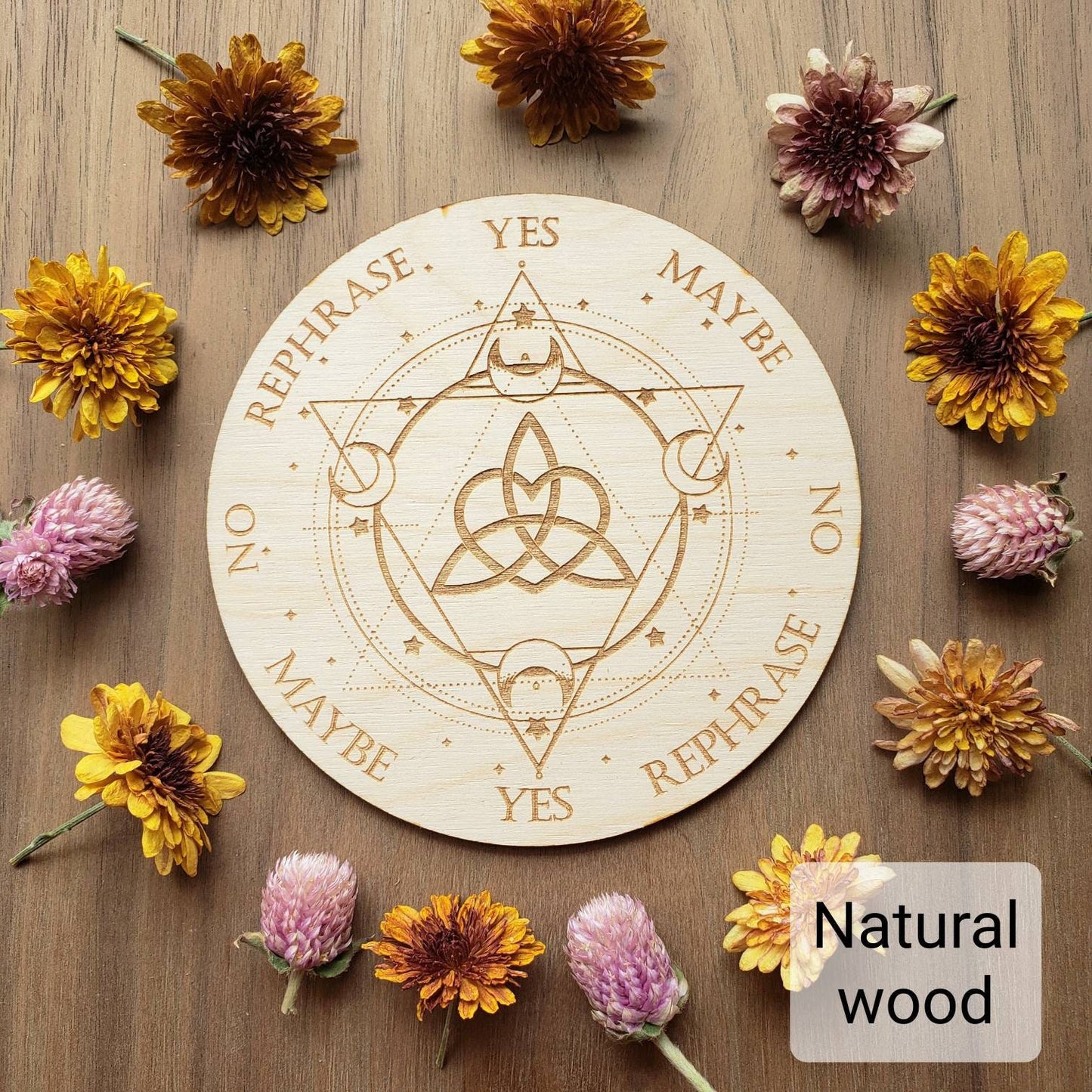 Triquetra & Moons pendulum board | wood laser engraved | divination | altar tile | black | Scrying | dowsing