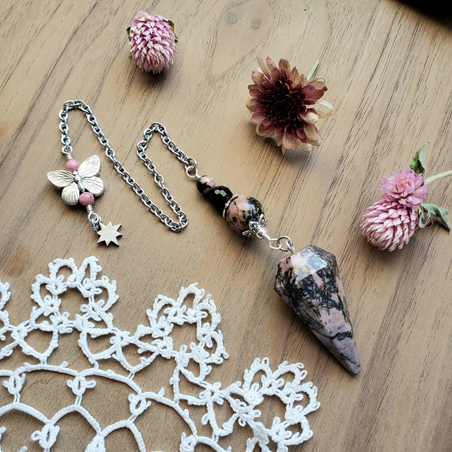 Rhodonite Butterfly Pendulum | Northern star | divination | scying | dowsing |