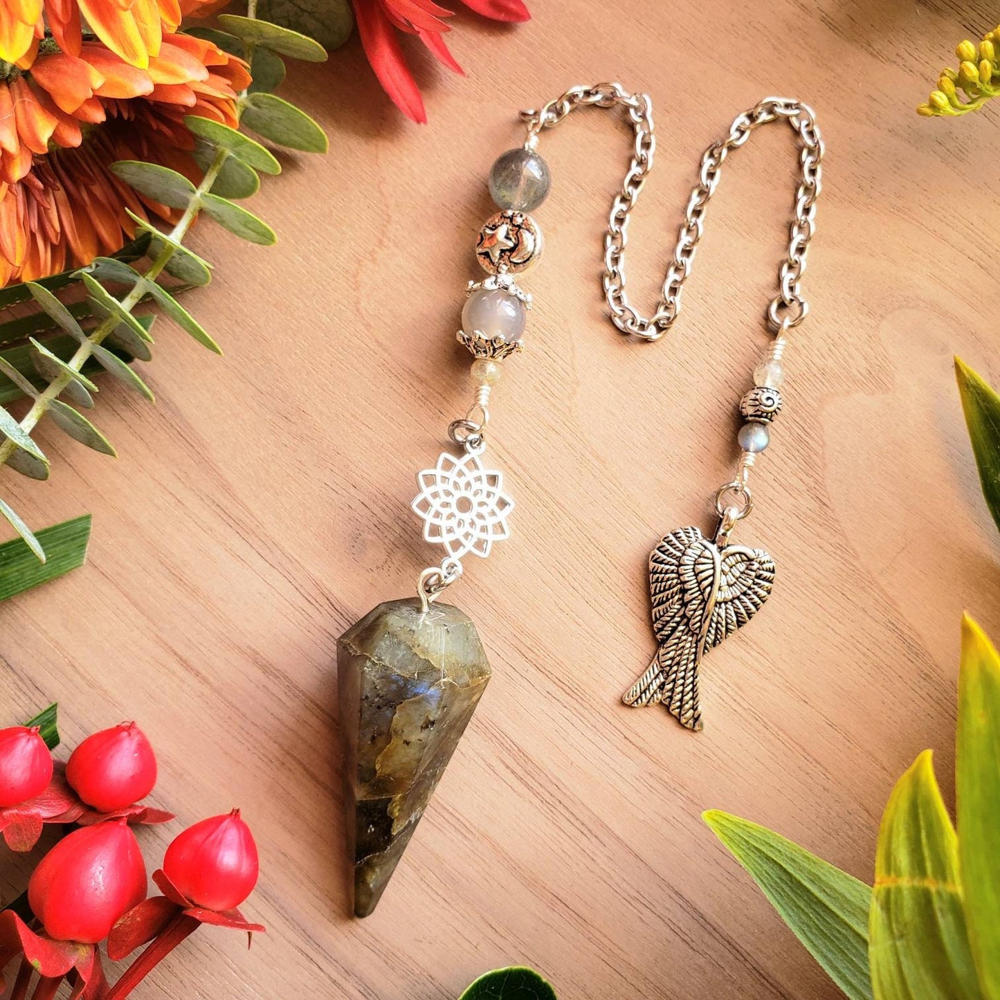 Labradorite Pendulum | Sacred Geometry flower | Chocolate Moonstone | Labradorite | Angel wing charm