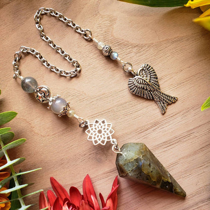 Labradorite Pendulum | Sacred Geometry flower | Chocolate Moonstone | Labradorite | Angel wing charm