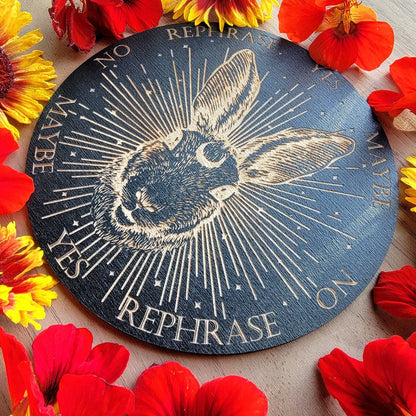 Cosmic Bunny wood pendulum board | Ostara | laser engraved | Easter | Spring equinox | divination | altar tile | black | scrying | dowsing