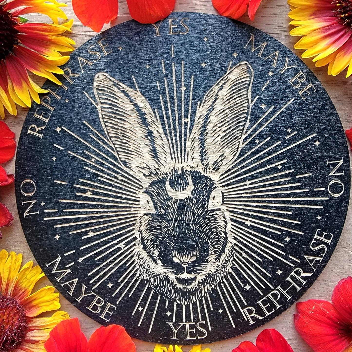 Cosmic Bunny wood pendulum board | Ostara | laser engraved | Easter | Spring equinox | divination | altar tile | black | scrying | dowsing