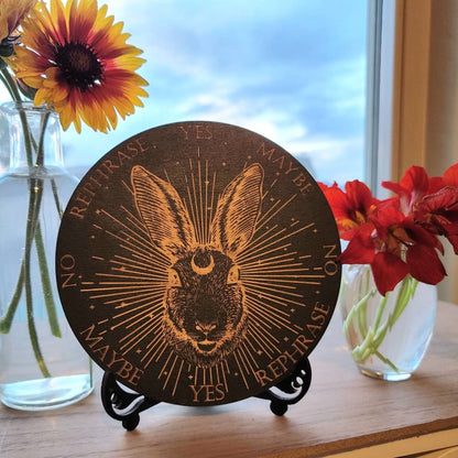 Cosmic Bunny wood pendulum board | Ostara | laser engraved | Easter | Spring equinox | divination | altar tile | black | scrying | dowsing