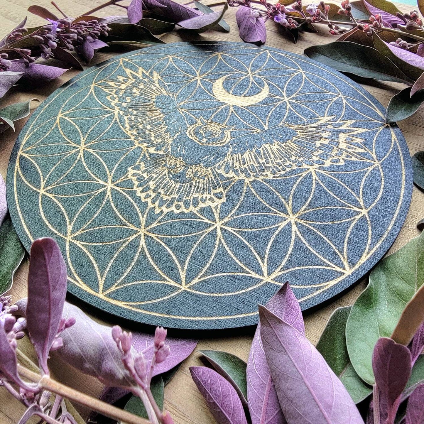 Owl Flower of Life Crystal Grid | laser engraved | divination | Samhain | Halloween | Spirit Animal totem