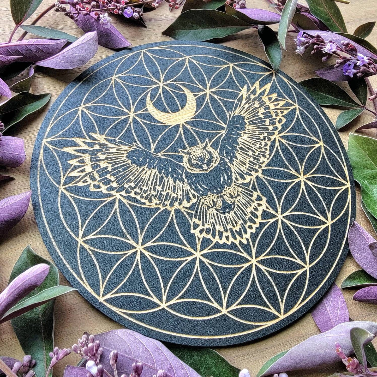 Owl Flower of Life Crystal Grid | laser engraved | divination | Samhain | Halloween | Spirit Animal totem