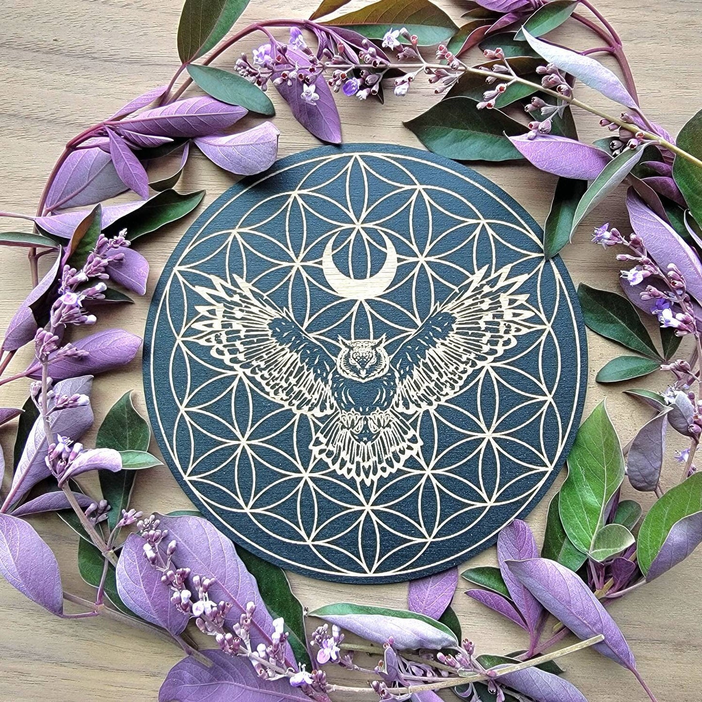 Owl Flower of Life Crystal Grid | laser engraved | divination | Samhain | Halloween | Spirit Animal totem