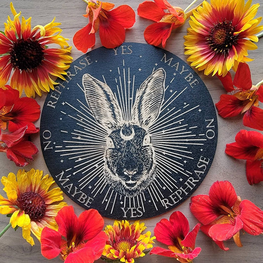 Cosmic Bunny wood pendulum board | Ostara | laser engraved | Easter | Spring equinox | divination | altar tile | black | scrying | dowsing