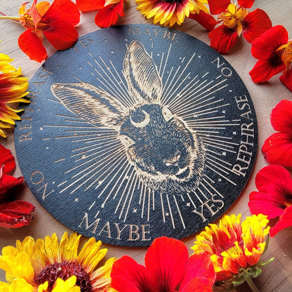 Cosmic Bunny wood pendulum board | Ostara | laser engraved | Easter | Spring equinox | divination | altar tile | black | scrying | dowsing