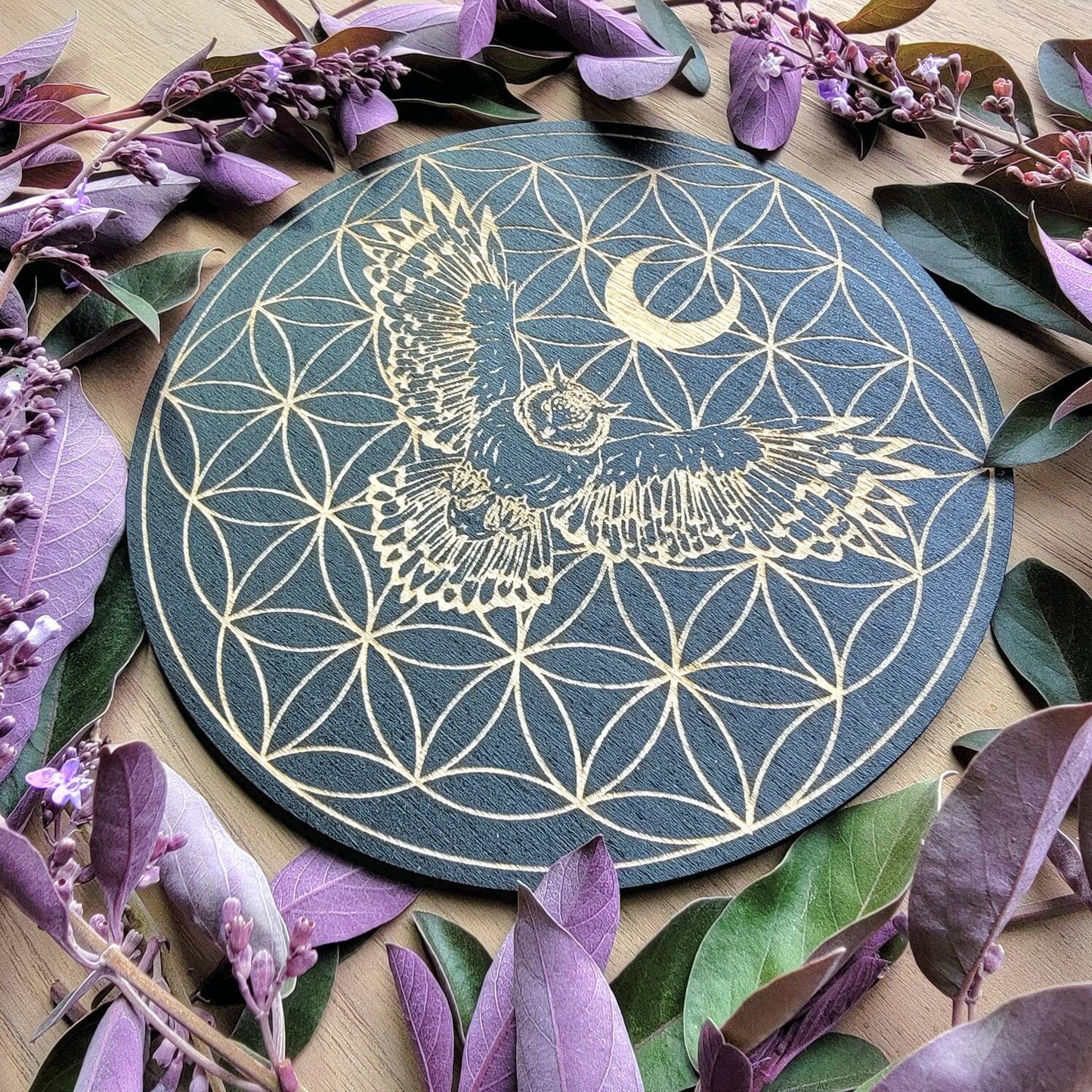 Owl Flower of Life Crystal Grid | laser engraved | divination | Samhain | Halloween | Spirit Animal totem