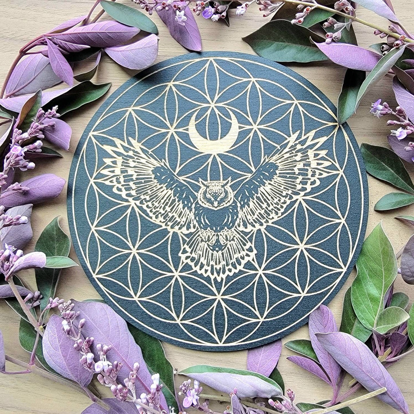 Owl Flower of Life Crystal Grid | laser engraved | divination | Samhain | Halloween | Spirit Animal totem