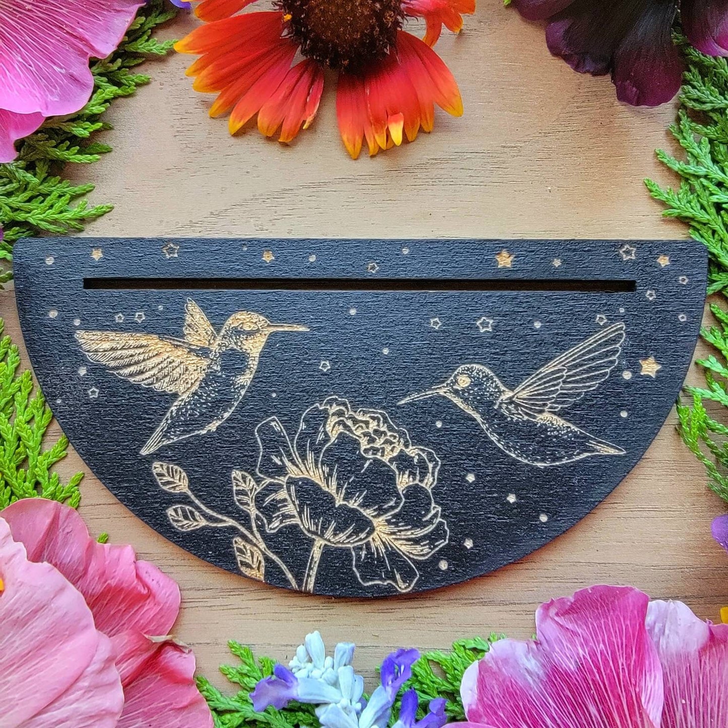 Hummingbird & Peony Tarot card stand | laser engraved | divination | Oracle card display | Affirmation card holder | Gift for witch |