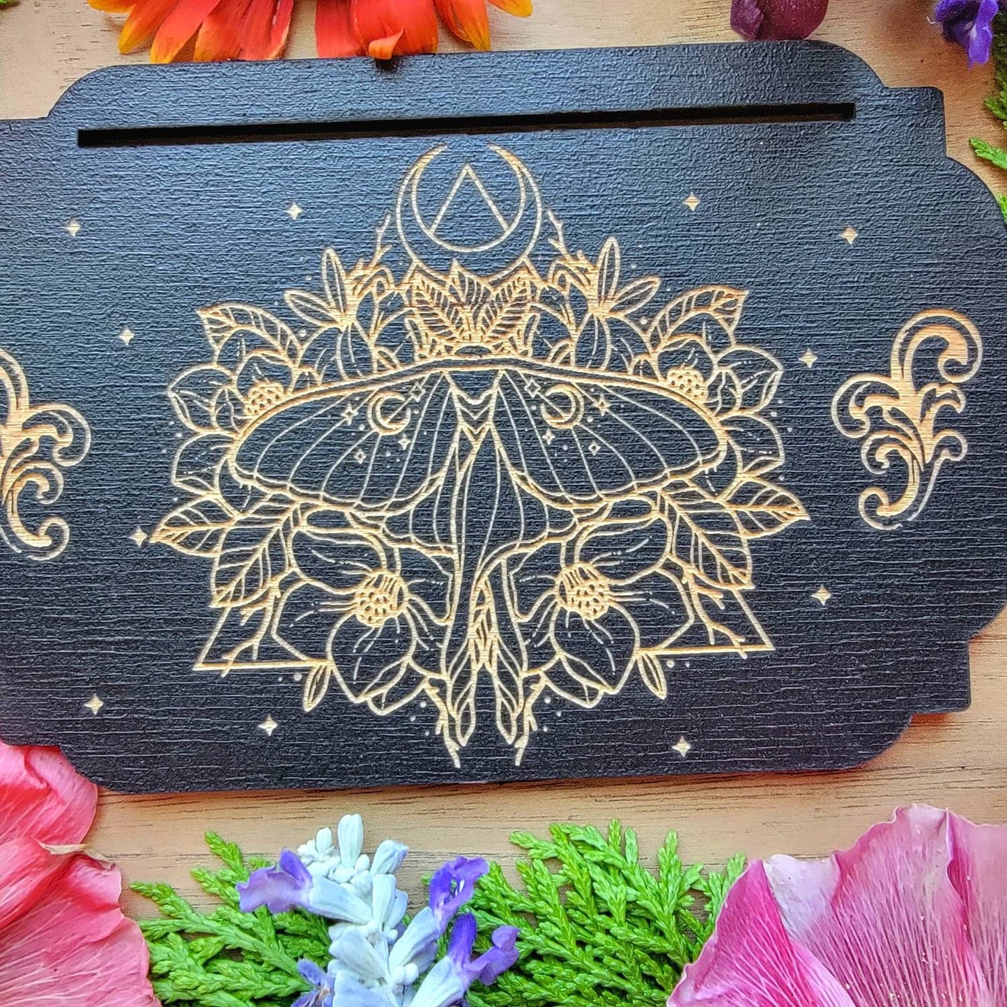 Luna Moth Tarot card stand | laser engraved | divination | Oracle card display | Affirmation card holder | Gift for witch |