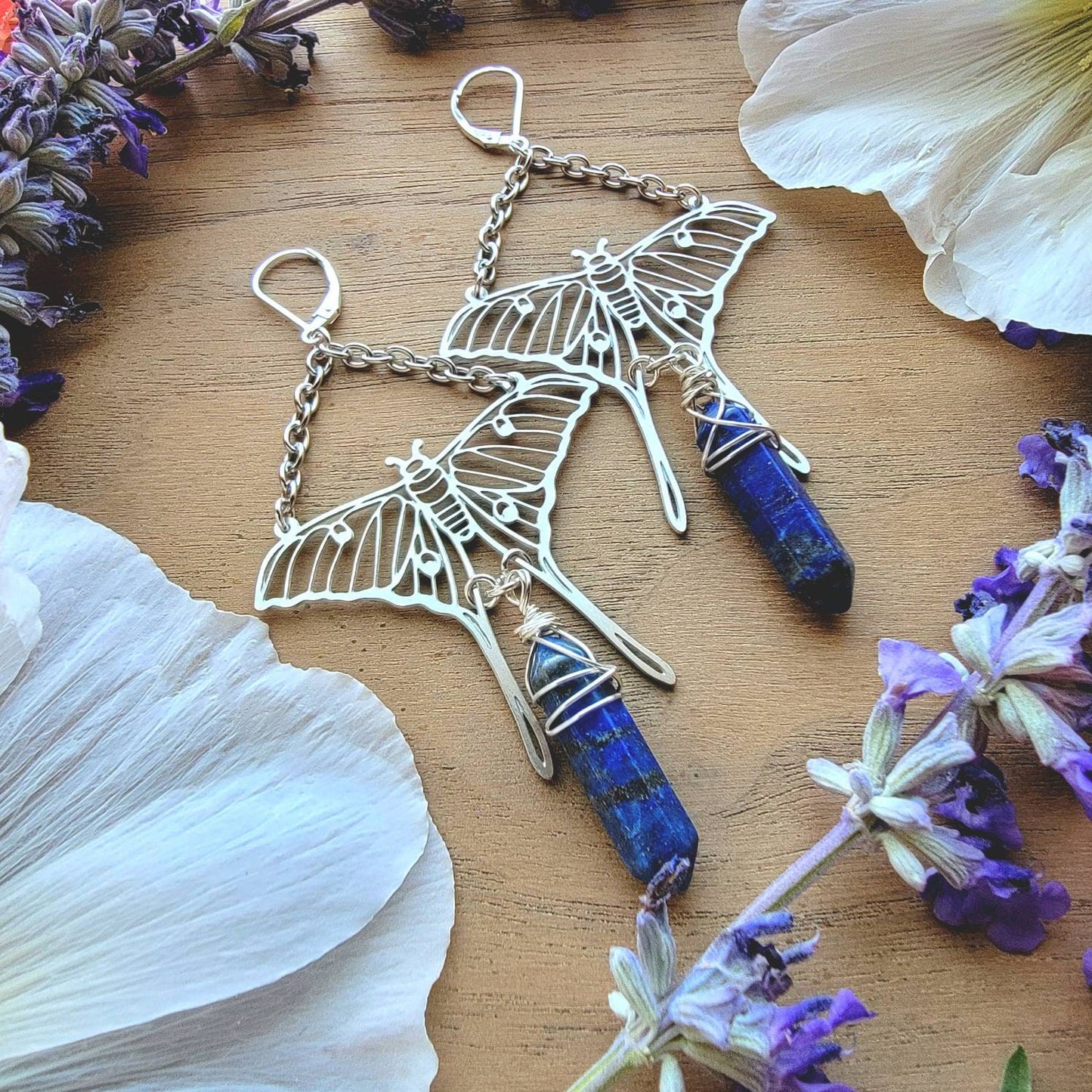 Luna Moth Spirit drop Earrings | Spirit Animal | Animal total | Spirit Guide | Spirit Messenger | Rose Quartz | Citrine | Lapis Lazuli