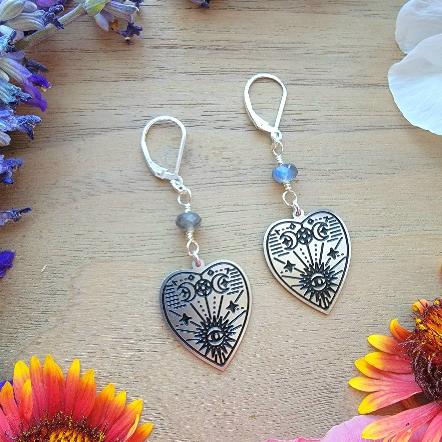 Labradorite Planchette drop Earrings | Stainless Steel with Sterling silver lever back ear wire