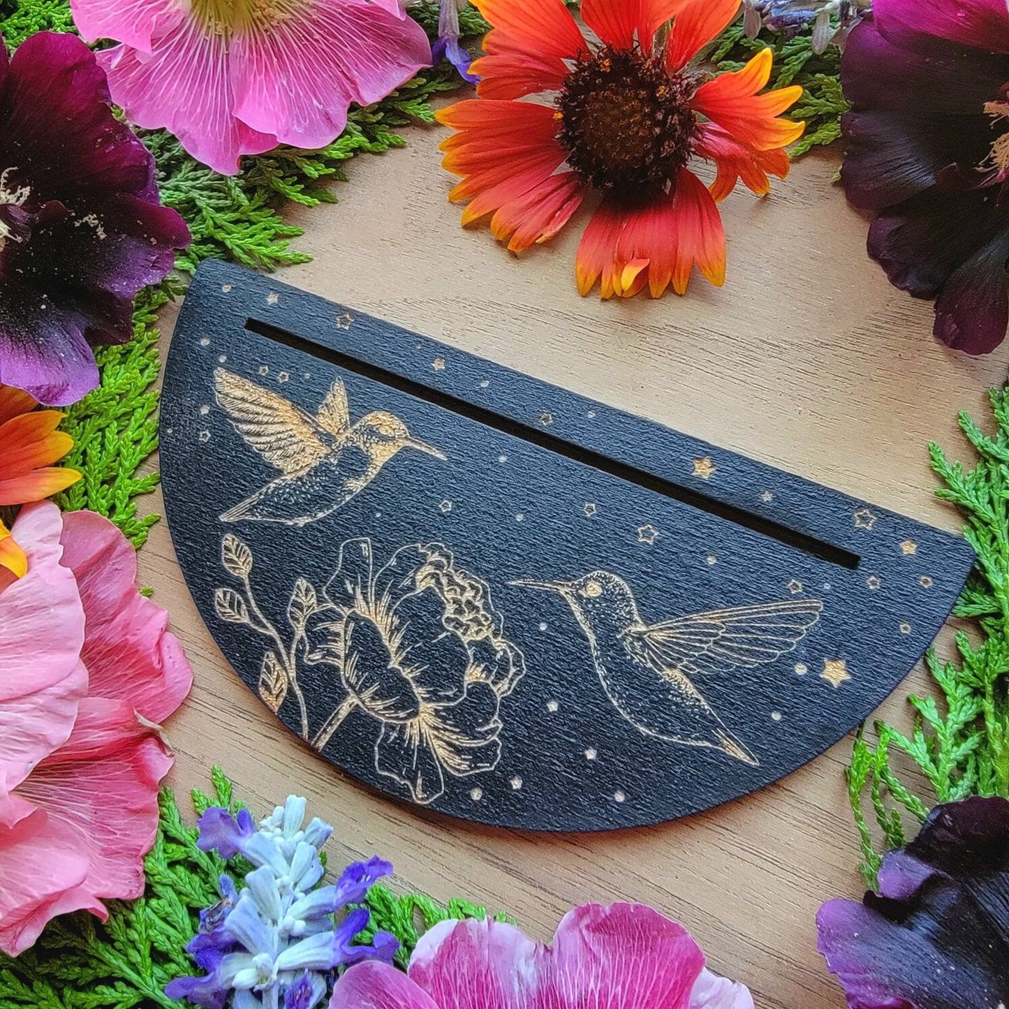 Hummingbird & Peony Tarot card stand | laser engraved | divination | Oracle card display | Affirmation card holder | Gift for witch |