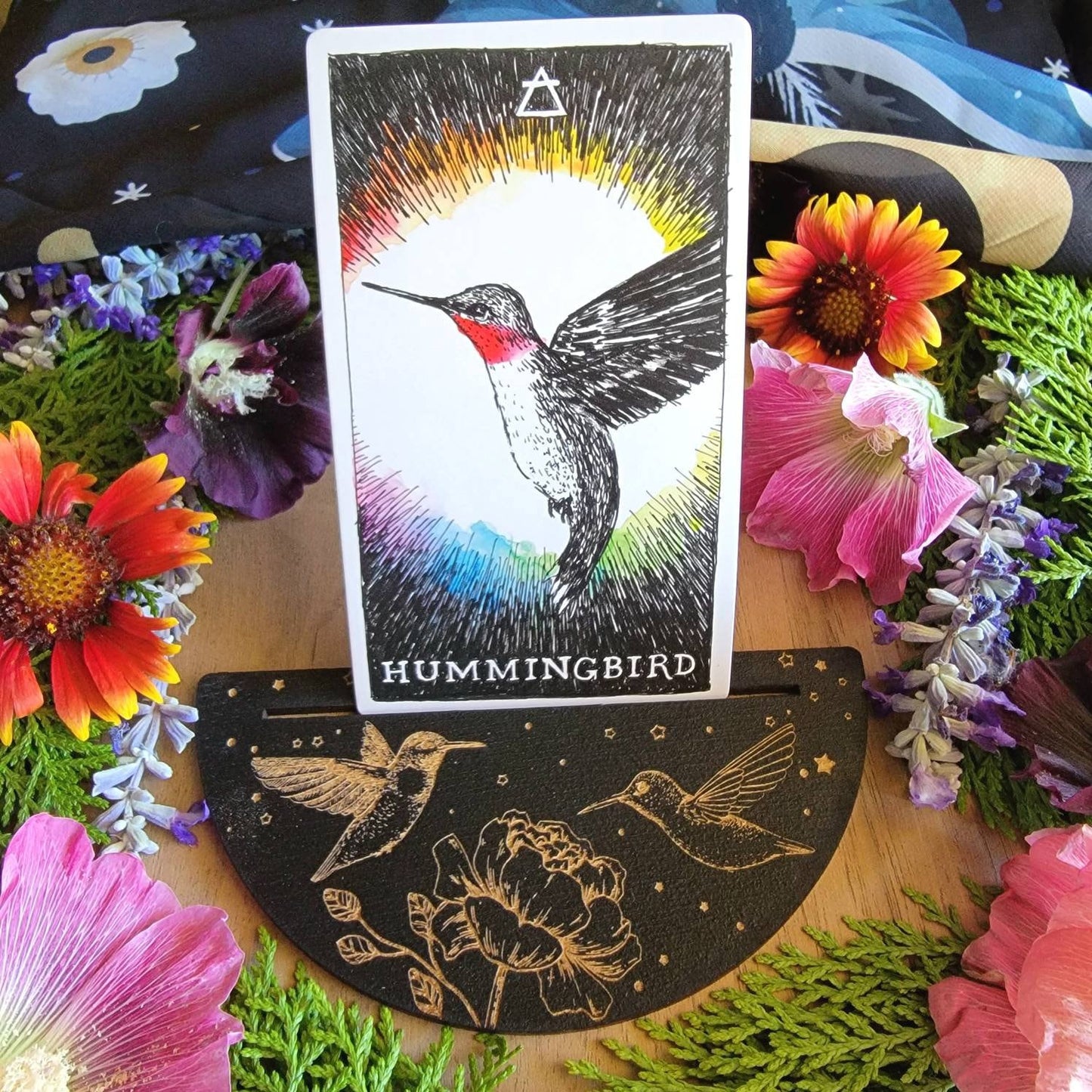 Hummingbird & Peony Tarot card stand | laser engraved | divination | Oracle card display | Affirmation card holder | Gift for witch |