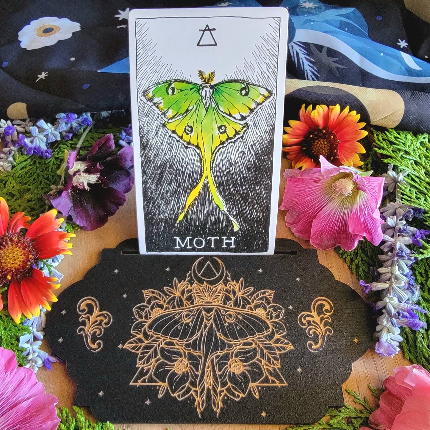 Luna Moth Tarot card stand | laser engraved | divination | Oracle card display | Affirmation card holder | Gift for witch |